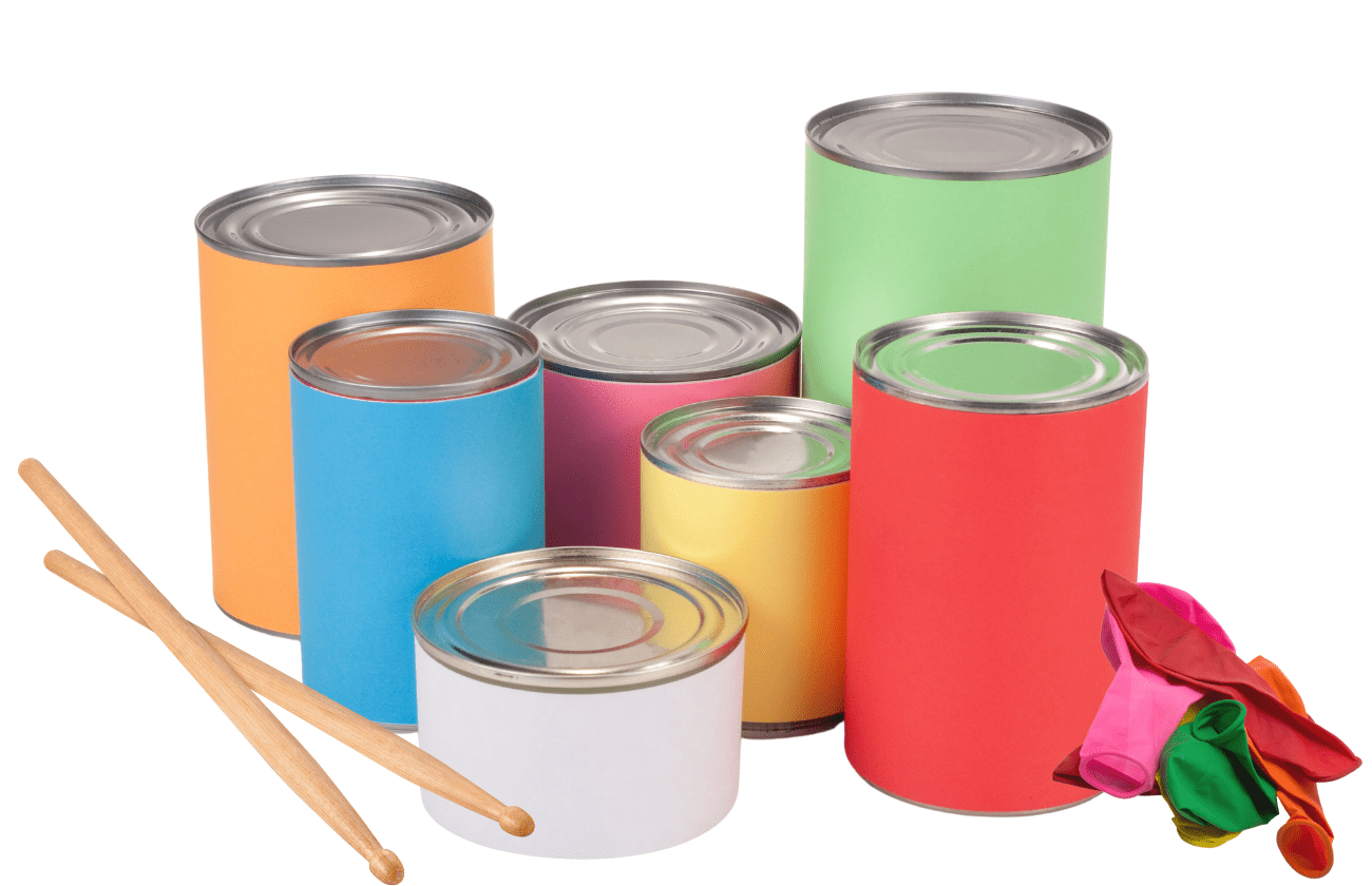 Colorful tin cans transformed into musical instruments with drums and drumsticks for kids to make at home.