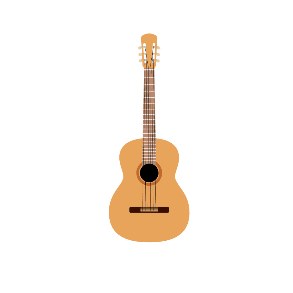 An acoustic guitar on a brown background, perfect for music lessons.