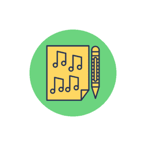 An icon featuring music notes and a pen, perfect for music lessons.