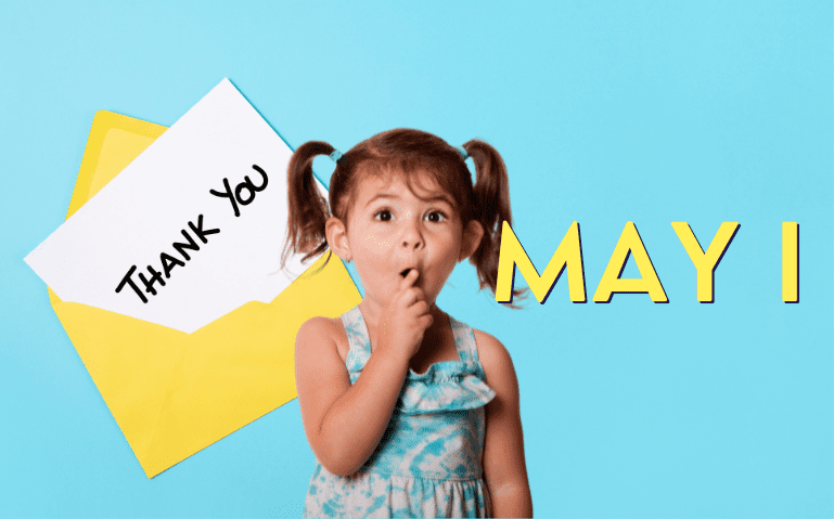 A little girl from a Family Group is holding an envelope with the words thank you may 1.