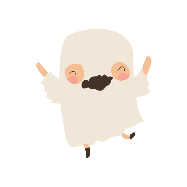 A white ghost with a mustache is jumping on a beige background.