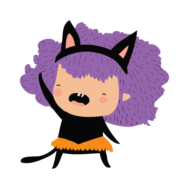 A cartoon cat with purple hair is dancing on a dark background.