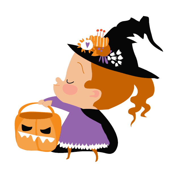 A girl in a witch hat holding a pumpkin.