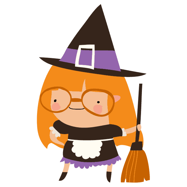 A cartoon witch with glasses and a broom.