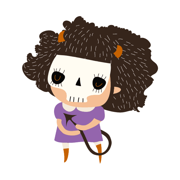 A little girl in a purple dress with a skull on her head.