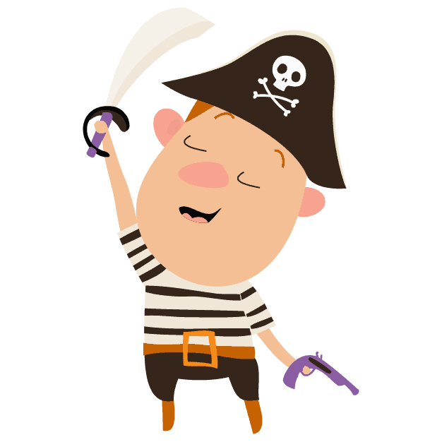 A cartoon pirate holding a sword and a knife.