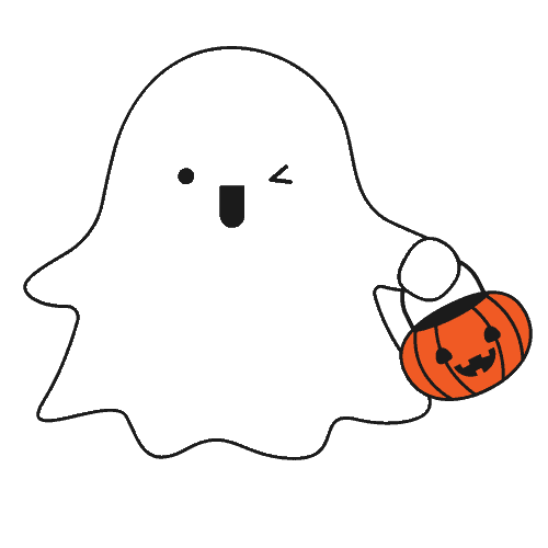 A white ghost holding a pumpkin on a black background.