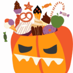 a cartoon pumpkin filled with candies