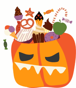 a cartoon pumpkin filled with candies