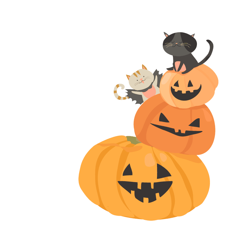 A stack of pumpkins with a cat sitting on top, surrounded by a spooky aura.