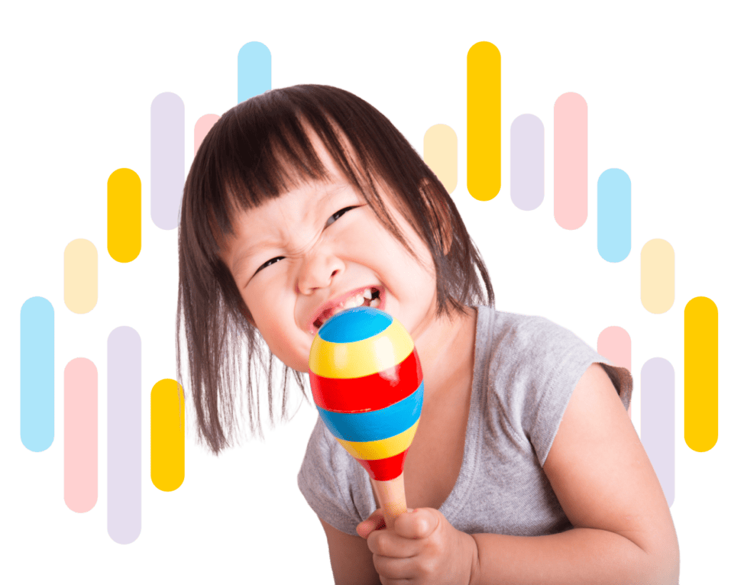 a little girl playing with a colorful maraca with wavy colorful bars in a transparent background