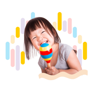 a little girl smiling with a colorful maraca and leaning towards left with colorful waves in the background
