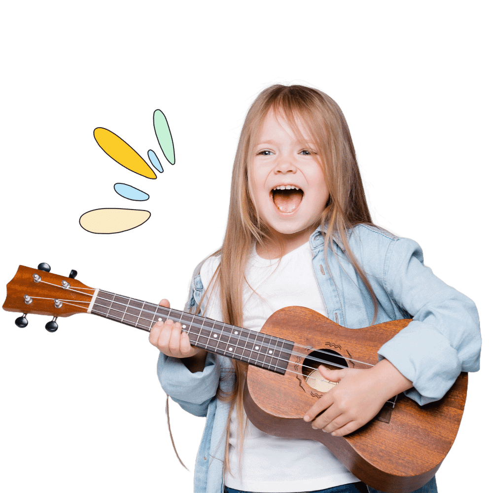 A little girl is playing a ukulele