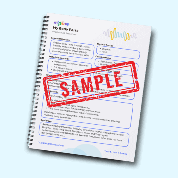 A spiral notebook showing a sample CLIMB Hub Curriculum lesson plan