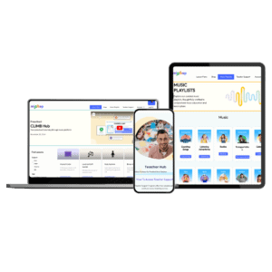 A laptop, an iPhone, and an iPad showing online CLIMB Hub pages.