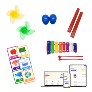 Shakers, rhythm sticks, scarves, a xylophone, word cards, and CLIMB Curriculum online pages.