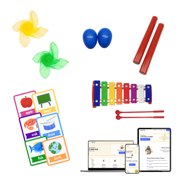 Shakers, rhythm sticks, scarves, a xylophone, word cards, and CLIMB Curriculum online pages.