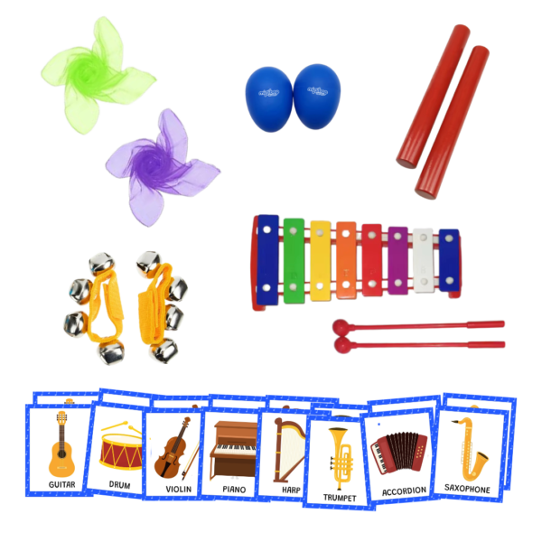 Family Music Kit with shakers, scarves, rhythm sticks, ankle bells, a xylophone, and instrument cards.