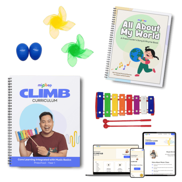 Shakers, scarves, a xylophone, and CLIMB Curriculum books and online pages.