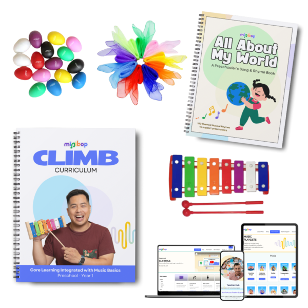 Shakers, scarves, a xylophone, and CLIMB Curriculum books and online pages.