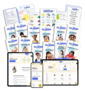 CLIMB Curriculum worksheets, theme binders, and a preview of what it looks like on an iPad, iPhone, and laptop