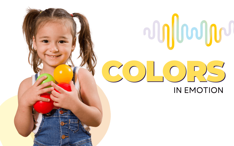 Little girl holding colorful balls next to our theme title