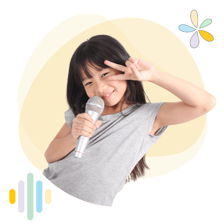 young girl holding a microphone and giving a peace sign