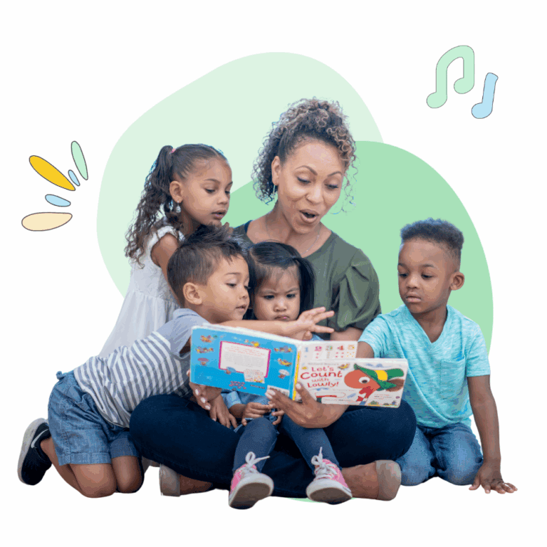 preschool teacher rhythmic reading with four preschoolers sitting with her